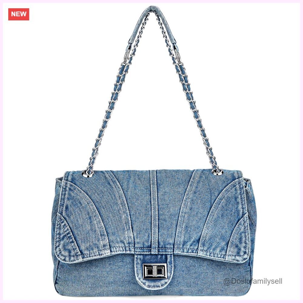 Large Denim Tote Bag with Chain Strap, Crossbody Shoulder Purse